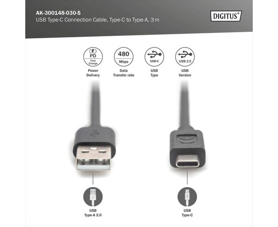 Дата кабель USB 2.0 AM to USB-C 3.0m black Digitus (AK-300148-030-S), зображення 3