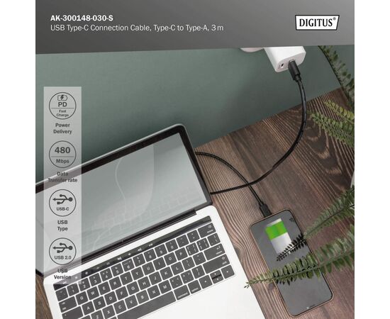 Дата кабель USB 2.0 AM to USB-C 3.0m black Digitus (AK-300148-030-S), зображення 5