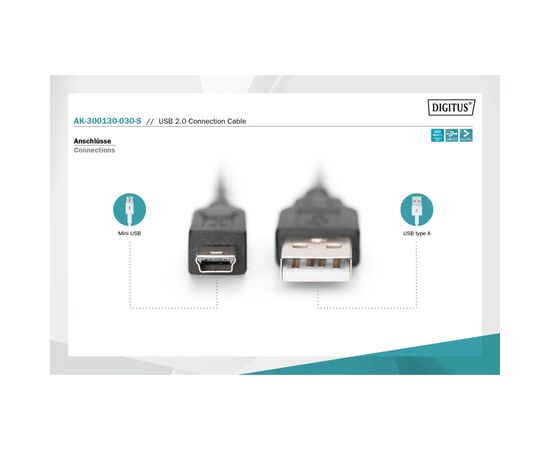 Дата кабель USB 2.0 AM to Mini 5P 3.0m black Digitus (AK-300130-030-S), изображение 2
