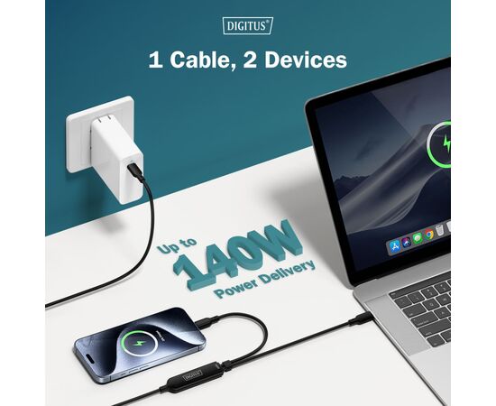 Дата кабель USB-C to 2xUSB-C 1.8m 140W black Digitus (AK-300170-018-S), изображение 6