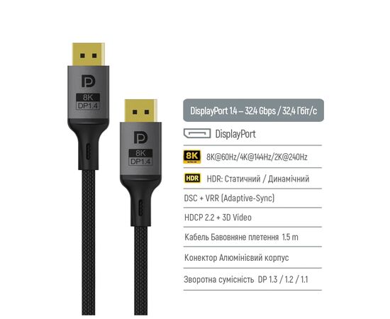 Кабель мультимедийный DisplayPort M to DisplayPort M 3.0m V1.4 8K black ColorWay (CW-CBDP094-BK), изображение 4