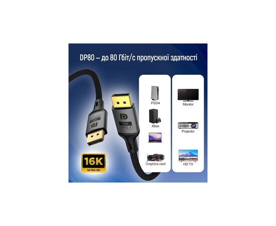 Кабель мультимедійний DisplayPort M to DisplayPort M 1.5m V2.1 16K black ColorWay (CW-CBDP091-BK), зображення 6