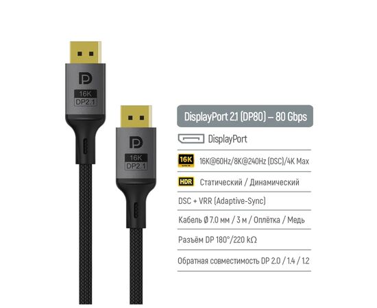 Кабель мультимедійний DisplayPort M to DisplayPort M 3.0m V2.1 16K black ColorWay (CW-CBDP092-BK), зображення 4
