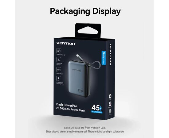 Батарея универсальная Vention 20000 mAh 45W Mini with Built-in USB-C Cable Gray (FHGH0), изображение 10