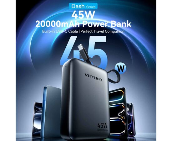 Батарея универсальная Vention 20000 mAh 45W Mini with Built-in USB-C Cable Gray (FHGH0), изображение 2