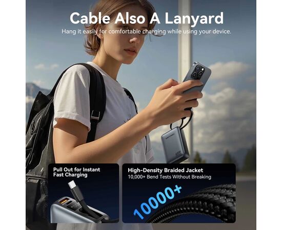 Батарея универсальная Vention 20000 mAh 45W Mini with Built-in USB-C Cable Gray (FHGH0), изображение 4