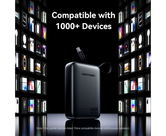 Батарея универсальная Vention 20000 mAh 45W Mini with Built-in USB-C Cable Gray (FHGH0), изображение 9