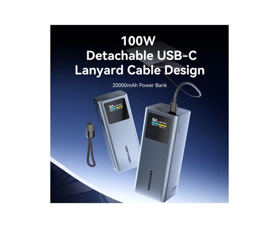 Батарея універсальна Vention 20000 mAh 100W Gray TFT Display Type (FKCH0), зображення 3