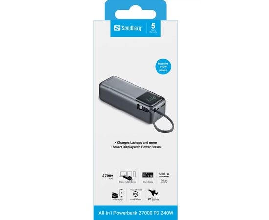 Батарея универсальная Sandberg 27000mAh 140W+100W PD/140W, with built-in Type-C cable 140W (421-31), изображение 6