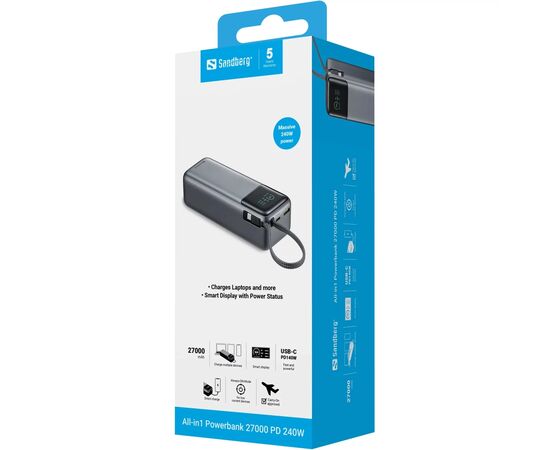 Батарея универсальная Sandberg 27000mAh 140W+100W PD/140W, with built-in Type-C cable 140W (421-31), изображение 7