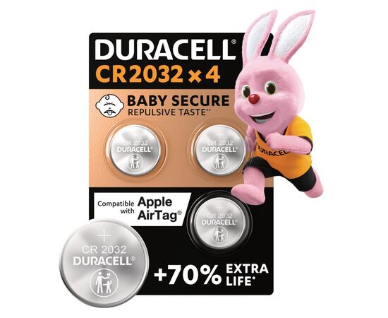 Батарейка CR 2032 специальная литиевая типа таблетка 2032 3V, 4 шт. Duracell (5007662/5010951/5014799)