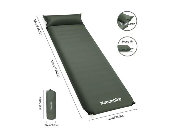 Туристический коврик Naturehike CNK2450WS020, самонадувний, 200х63х10 см, темно-зелений (6927595712733), изображение 2