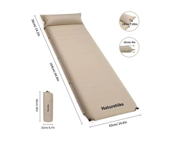 Туристический коврик Naturehike CNK2450WS020, самонадувний, 200х63х10 см, бежевий (6927595712719), изображение 2