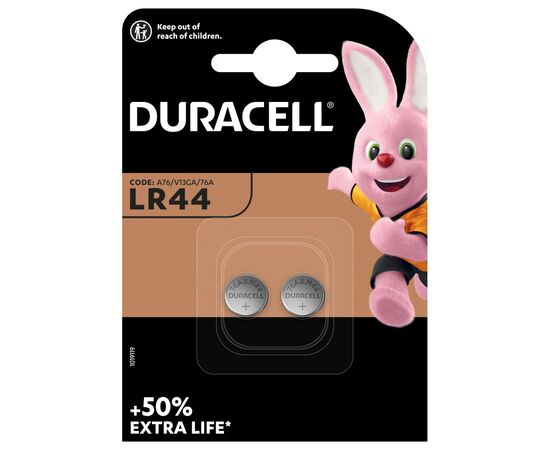 Батарейка Duracell LR44 1.5V спеціалізована лужна типу таблетка, 76A/A76/V13GA, 2шт. в упаковці (5000394504424 / 5007795), зображення 2