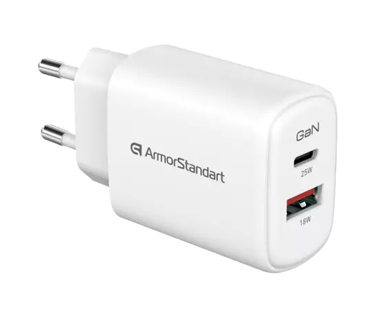 Зарядний пристрій Armorstandart 1xUSB-C + 1xUSB 25W GaN white (ARM89532), зображення 3