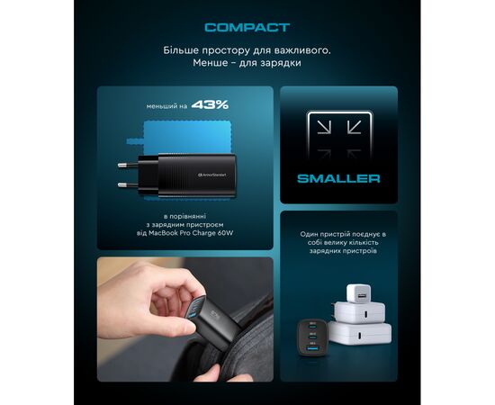 Зарядний пристрій Armorstandart 2xUSB-C + 1xUSB 67W GaN black (ARM88384), зображення 10
