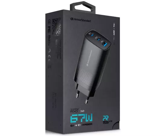 Зарядний пристрій Armorstandart 2xUSB-C + 1xUSB 67W GaN black (ARM88384), зображення 2