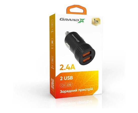 Зарядное устройство Grand-X 1xUSB 2.4A car adapter black (CH-20B), изображение 2