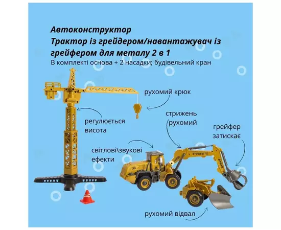 Конструктор Otamanko АВТО КОНСТРУКТОР Трактор с грейдером/погрузчик с грейфером для металла 2 в 1 (YW9101B), изображение 2