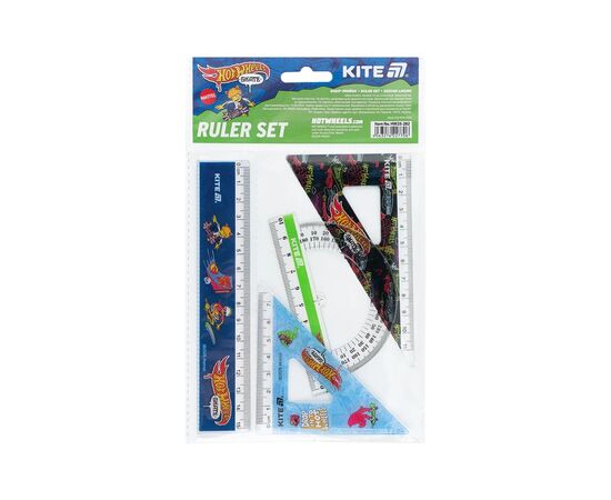 Линейка Kite набор: линейка 15 см, 2 угольника, транспортир Hot Wheels (HW25-282), изображение 2