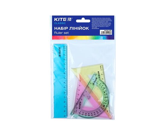 Лінійка Kite набір: лінійка 15 см, 2 косинця, транспортир (асортимент кольорів) (K-281)
