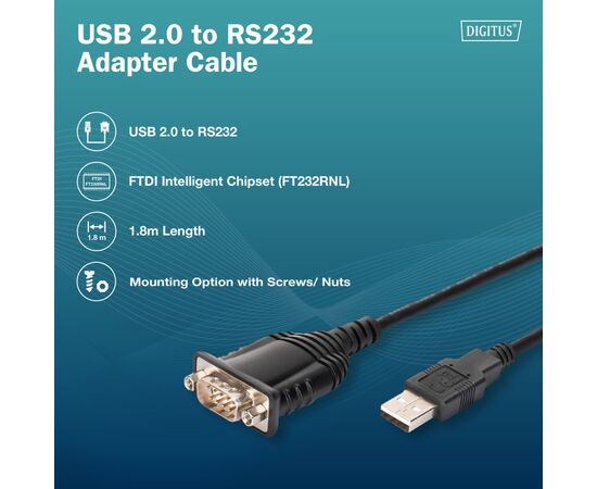 Кабель для передачі даних USB 2.0 AM to COM 1.8m DB9 RS232 FT232RNL black Digitus (DA-70172), зображення 2