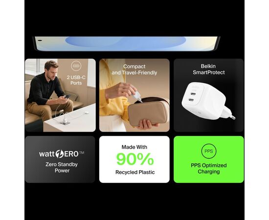 Зарядний пристрій Belkin 2xUSB-C PD50W GaN PPS white (WCH019KQWH), зображення 9