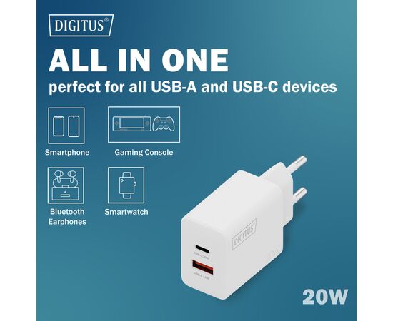 Зарядний пристрій Digitus 1xUSB-C + 1xUSB 20W (DA-10300), зображення 5