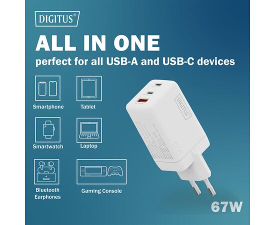 Зарядний пристрій Digitus 2xUSB-C + 1xUSB 67W GaN (DA-10303), зображення 4