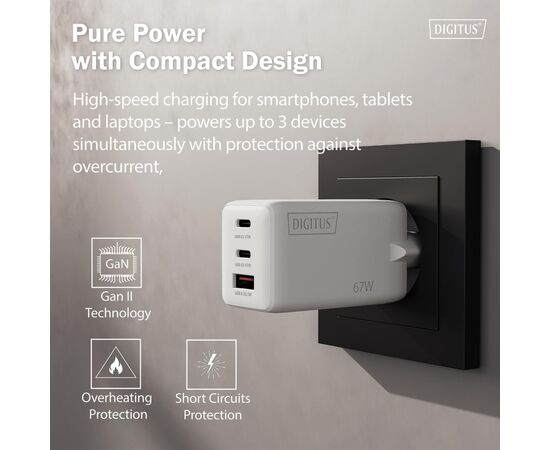 Зарядний пристрій Digitus 2xUSB-C + 1xUSB 67W GaN (DA-10303), зображення 5