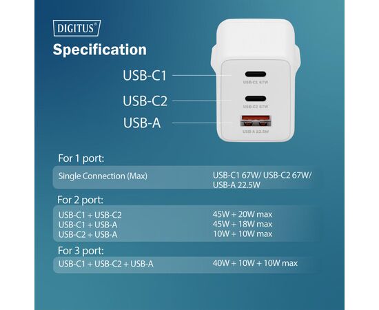 Зарядний пристрій Digitus 2xUSB-C + 1xUSB 67W GaN (DA-10303), зображення 8