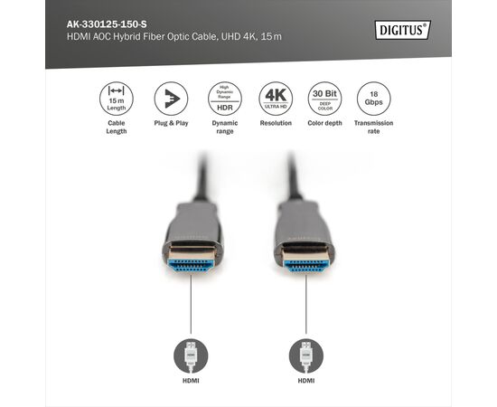 Кабель мультимедійний HDMI M to HDMI M 15m 4K AOC hybrid-fiber black Digitus (AK-330125-150-S), зображення 4