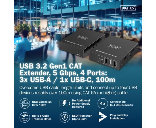 Адаптер Digitus USB extender 100 m RJ-45 to 3xUSB-A + 1xUSB-C (DA-73121), изображение 2