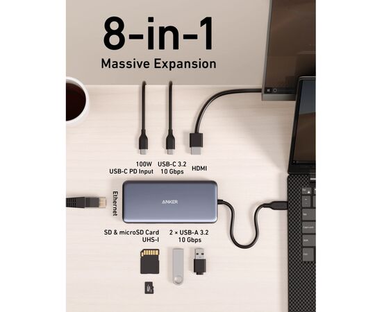 Концентратор USB-C 8-in-1 1xUSB-C PD100W + 1xHDMI + 2xUSB-A + 1xUSB-C 10Gbps + 1xRJ45 + SD black Anker (A83830A2), зображення 4