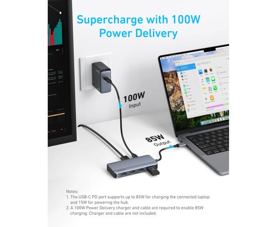 Концентратор USB-C 7-in-1 1xUSB-C PD100W + 2xHDMI + 4xUSB-A black Anker (A83740A2), зображення 3
