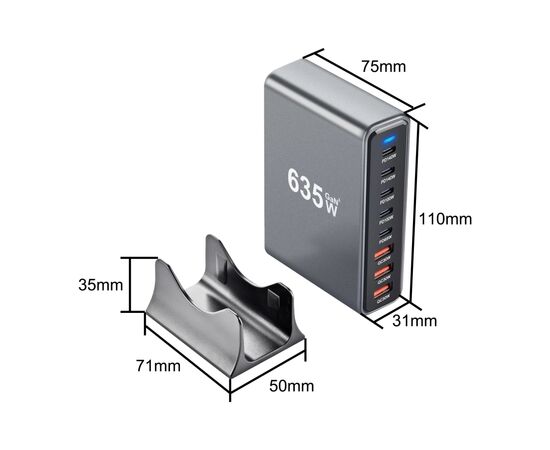 Зарядное устройство XoKo 2xUSB-C PD3.1 140W + 2xUSB-C PD100W + 1xUSB-C PD65W + 3xUSB QC30W GaN (QC-600), изображение 4