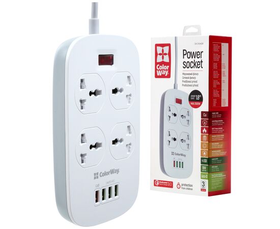 Мережевий фільтр живлення ColorWay 4 розетки/4USB White 1.8м (1QC3.0 + 3 AUTO ID) (CW-CHU44QW), зображення 6