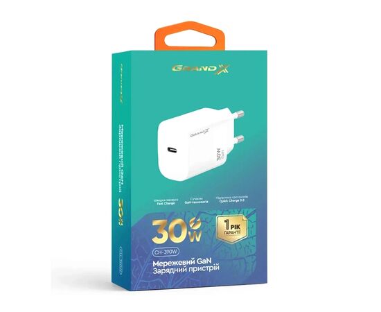 Зарядний пристрій Grand-X GaN USB-C 30W QC3.0 white (CH-390W), зображення 5