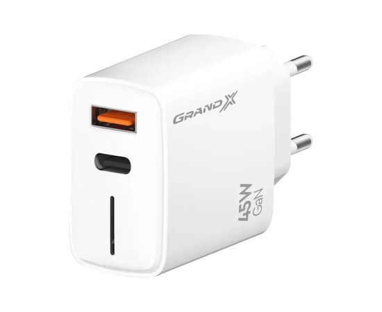 Зарядное устройство Grand-X GaN 1xUSB-C + 1xUSB QC3.0 45W white (CH-460W)