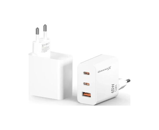 Зарядное устройство Grand-X GaN 2xUSB-C + 1xUSB 65W PD3.0 QC4.0 AFC SCP FCP white (CH-990W), изображение 3