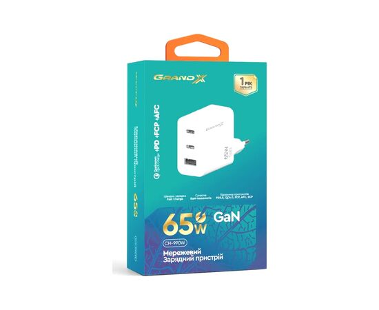 Зарядное устройство Grand-X GaN 2xUSB-C + 1xUSB 65W PD3.0 QC4.0 AFC SCP FCP white (CH-990W), изображение 5