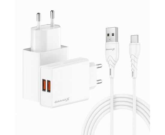 Зарядное устройство Grand-X 2xUSB 5V 2.4A + cable USB to USB-C white (CH-15WT), изображение 2
