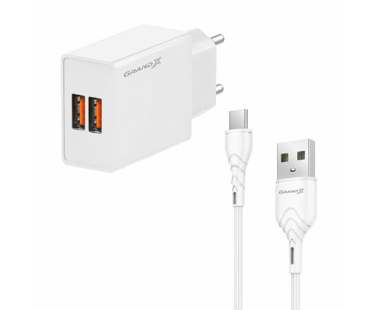 Зарядное устройство Grand-X 2xUSB 5V 2.4A + cable USB to USB-C white (CH-15WT)
