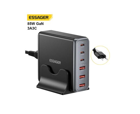 Зарядное устройство Essager 3xUSB-C + 3xUSB-A 85W GaN black (EZC85W-SXB0G-Z), изображение 2