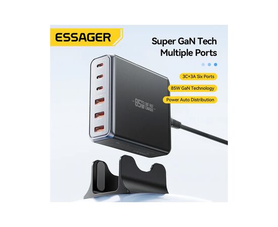 Зарядное устройство Essager 3xUSB-C + 3xUSB-A 85W GaN black (EZC85W-SXB0G-Z), изображение 4