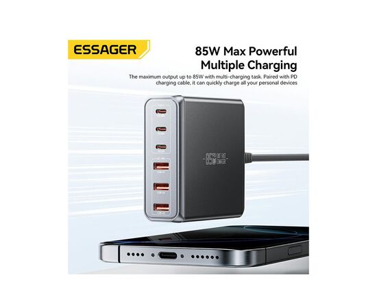 Зарядное устройство Essager 3xUSB-C + 3xUSB-A 85W GaN black (EZC85W-SXB0G-Z), изображение 5