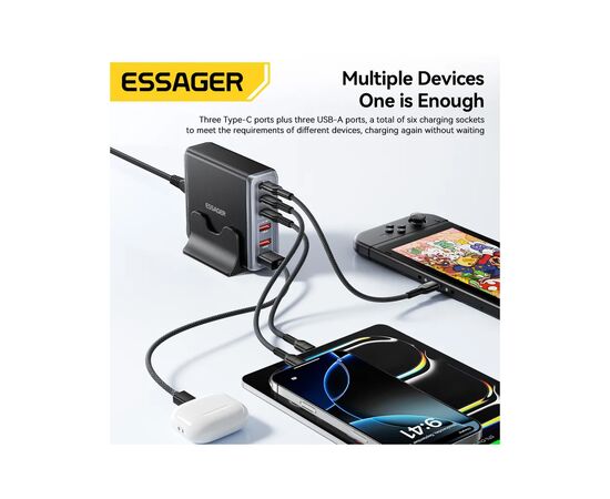 Зарядное устройство Essager 3xUSB-C + 3xUSB-A 85W GaN black (EZC85W-SXB0G-Z), изображение 6