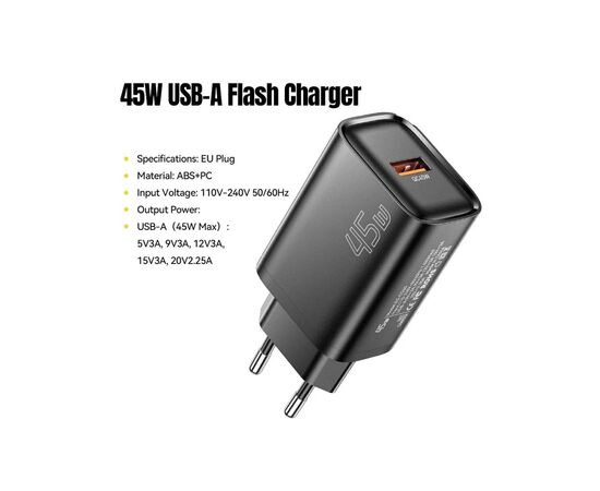 Зарядное устройство Essager USB-A QC3.0 45W black (ECT45W-RPB01-Z), изображение 5