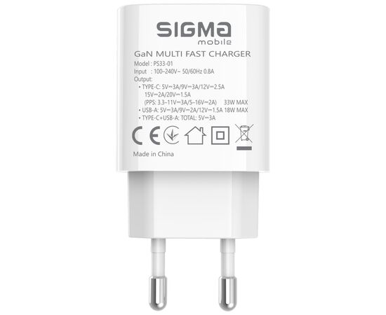 Зарядное устройство Sigma 1xUSB-C PD33W + 1xUSB QC3.0 GaN X-power PS33-01 white (4827798527719), изображение 3