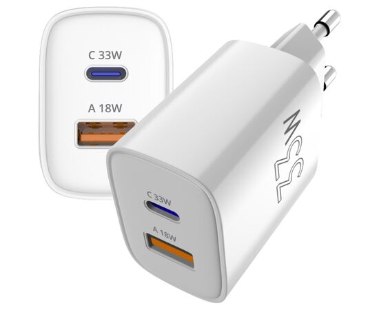 Зарядное устройство Sigma 1xUSB-C PD33W + 1xUSB QC3.0 GaN X-power PS33-01 white (4827798527719)